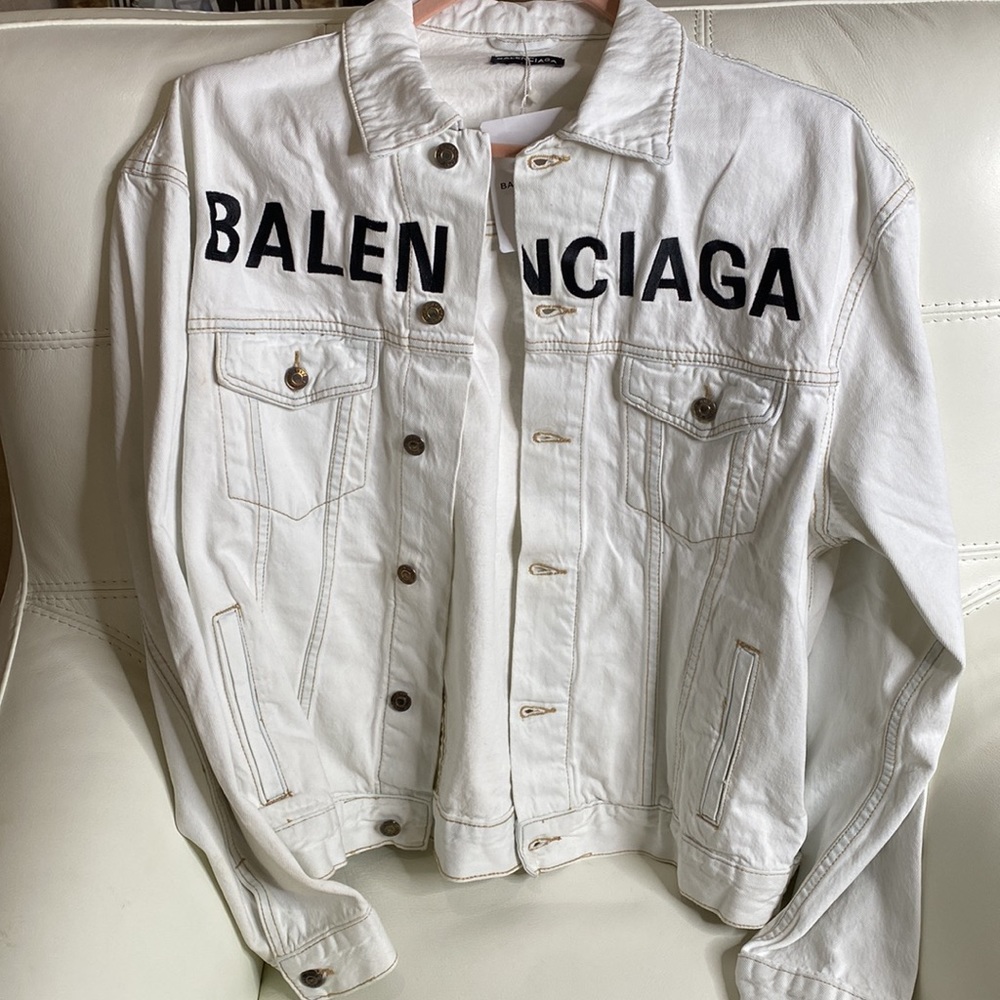 Balenciaga White Denim Jean Jacket with Black Logo